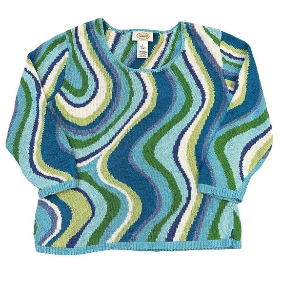 Talbots Women’s Knit Sweater 3/4 Sleeve Size Large Blue Green Y2K Vintage Wavy - Picture 1 of 5